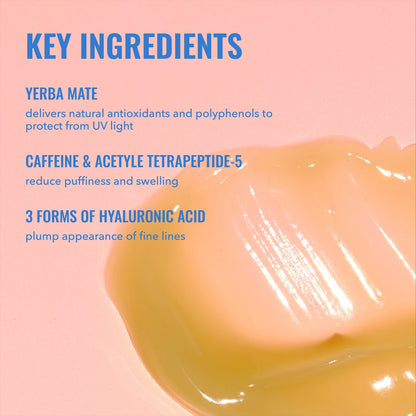 Yerba Mate Wake up Eye Gel - Hydrating Undereye Gel Cream with Hyaluronic Acid & Caffeine, Targets Dark Circles & Puffiness, Skincare for Face, 0.5 Fl Oz