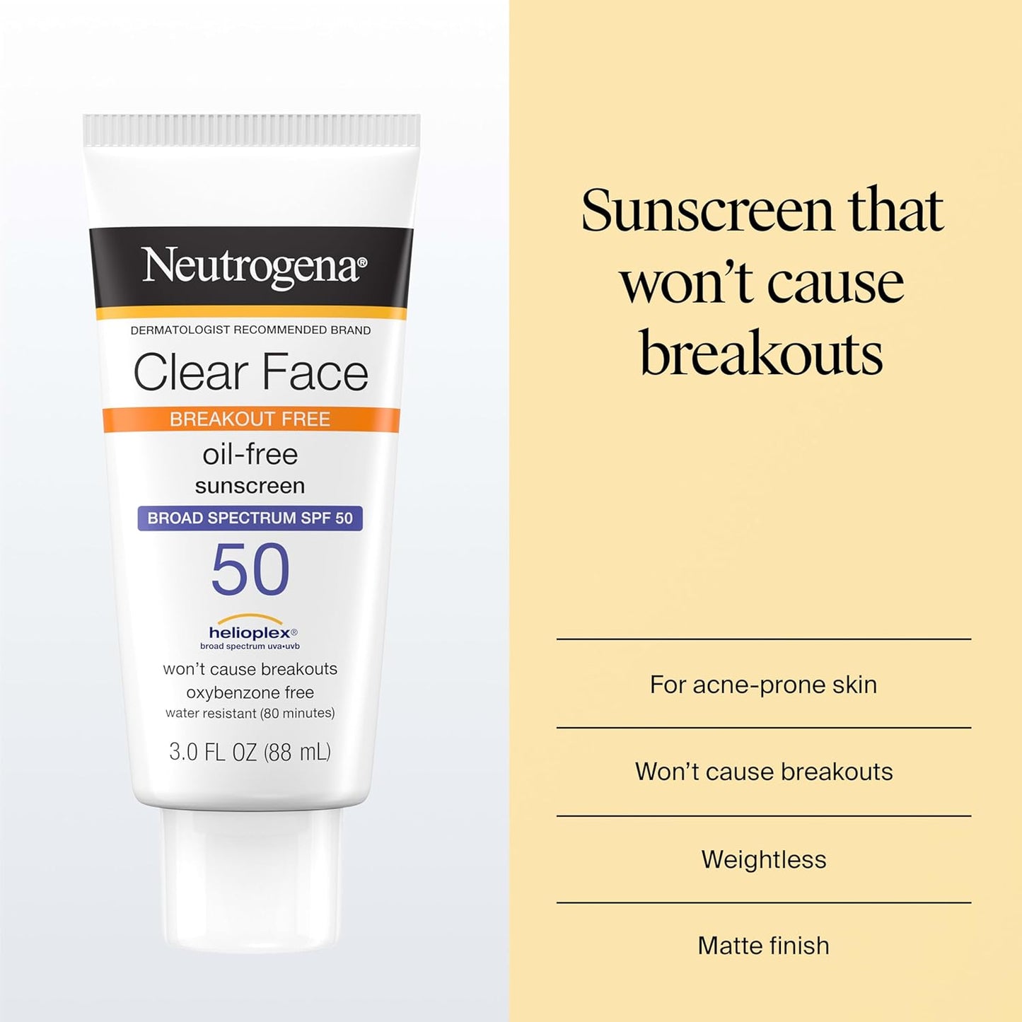Neutrogena Clear Face Sunscreen Lotion SPF 50, 3 Fl. Oz | for Acne-Prone Skin, Broad Spectrum UVA/UVB Protection, Fragrance-Free, Oxybenzone-Free, Water-Resistant