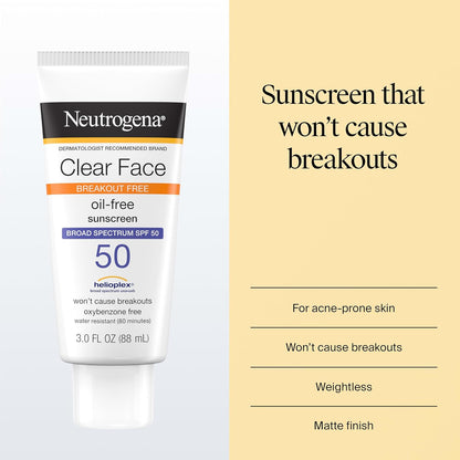 Neutrogena Clear Face Sunscreen Lotion SPF 50, 3 Fl. Oz | for Acne-Prone Skin, Broad Spectrum UVA/UVB Protection, Fragrance-Free, Oxybenzone-Free, Water-Resistant